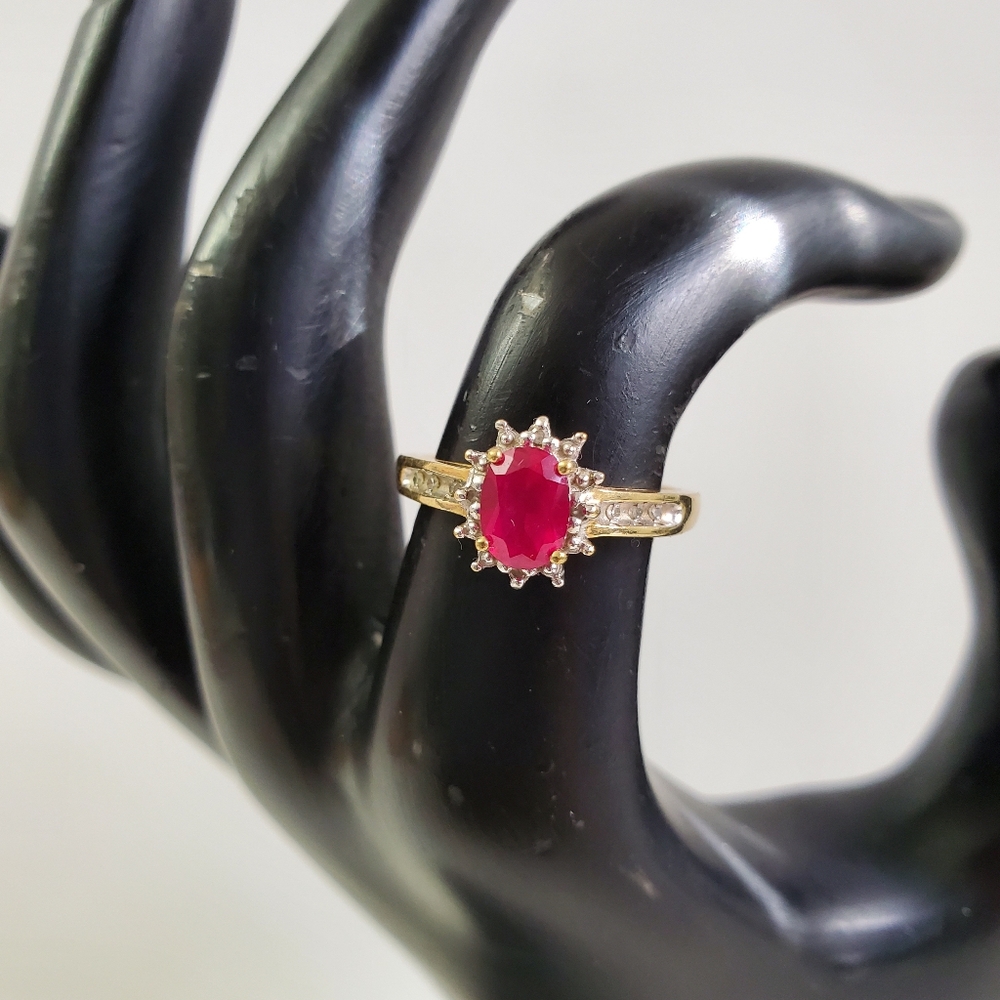 10K Gold Ruby Diamond Halo Ring